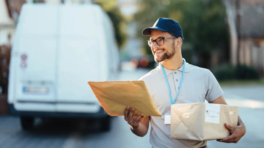 een vrolijke postbezorger met pakketjes in zijn hand