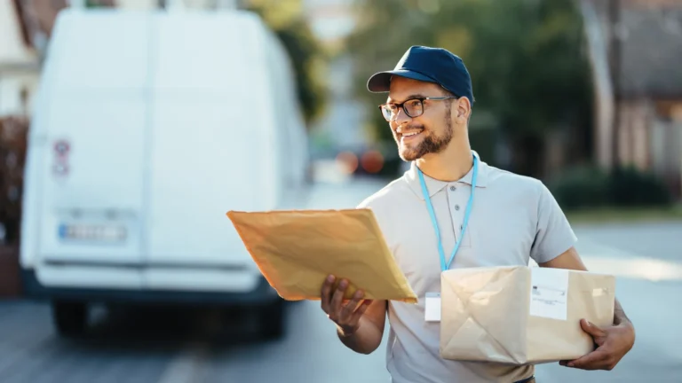 een vrolijke postbezorger met pakketjes in zijn hand