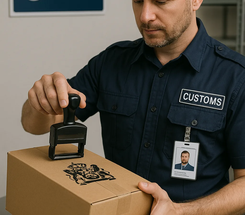 Een medewerker van de douane met een stempel in zijn hand en een doos