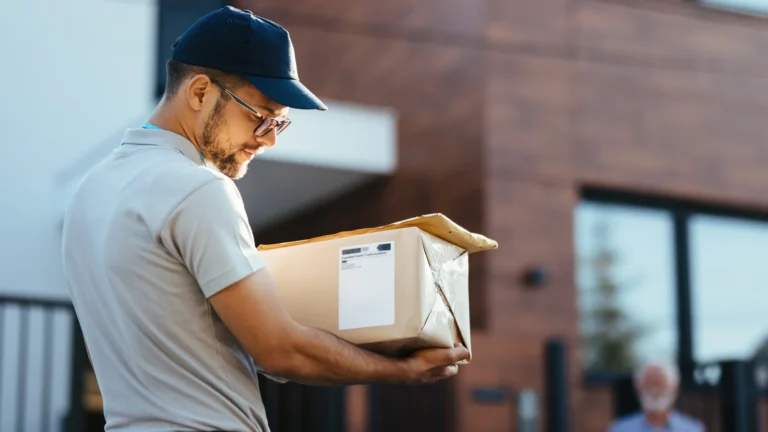 young delivery man carrying package reading address label his customer is standing background